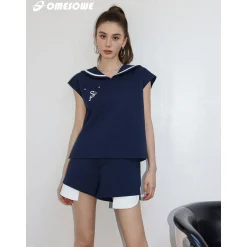 SomeSowe Color Blocked Sailor Collar Top & Shorts Set Navy