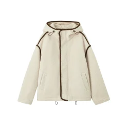 SomeSowe Contrast Color Edge Fleece Hooded Jacket Beige