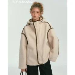 SomeSowe Contrast Color Edge Fleece Hooded Jacket Beige