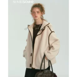 SomeSowe Contrast Color Edge Fleece Hooded Jacket Beige