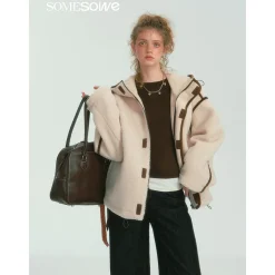 SomeSowe Contrast Color Edge Fleece Hooded Jacket Beige