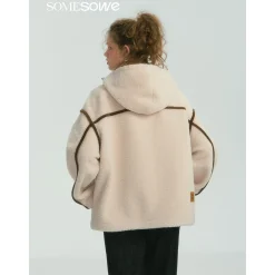 SomeSowe Contrast Color Edge Fleece Hooded Jacket Beige