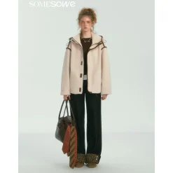 SomeSowe Contrast Color Edge Fleece Hooded Jacket Beige