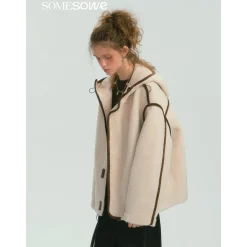 SomeSowe Contrast Color Edge Fleece Hooded Jacket Beige