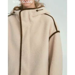 SomeSowe Contrast Color Edge Fleece Hooded Jacket Beige