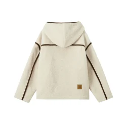 SomeSowe Contrast Color Edge Fleece Hooded Jacket Beige