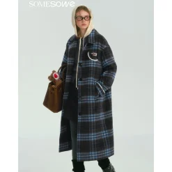 SomeSowe Contrast Color Plaid Tweed Long Coat