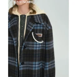 SomeSowe Contrast Color Plaid Tweed Long Coat