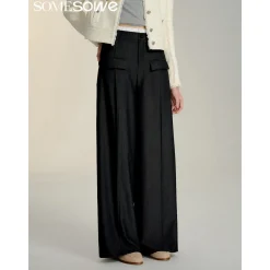 SomeSowe Contrast Color Stitching Wide-Leg Suit Pants Black
