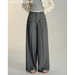 SomeSowe Contrast Color Stitching Wide-Leg Suit Pants Gray