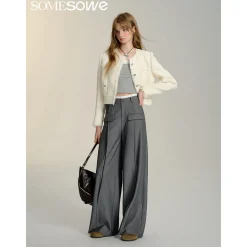 SomeSowe Contrast Color Stitching Wide-Leg Suit Pants Gray