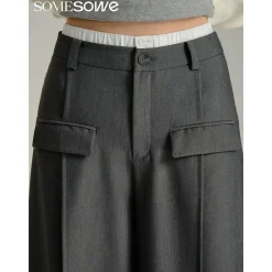 SomeSowe Contrast Color Stitching Wide-Leg Suit Pants Gray