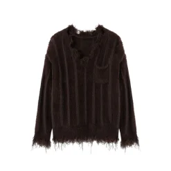 SomeSowe Destroyed Edge V-Neck Fluffy Sweater