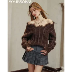 SomeSowe Destroyed Edge V-Neck Fluffy Sweater