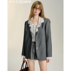 SomeSowe Detachable Lace Collar Blazer Grey
