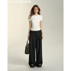 SomeSowe Drawstring Wide-Leg Suit Pants Black
