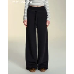 SomeSowe Elastic-Waist Lace Edge Wide-Leg Pants Black