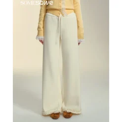 SomeSowe Elastic-Waist Lace Edge Wide-Leg Pants White
