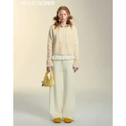 SomeSowe Elastic-Waist Lace Edge Wide-Leg Pants White