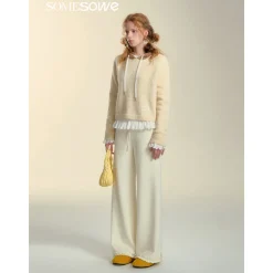 SomeSowe Elastic-Waist Lace Edge Wide-Leg Pants White