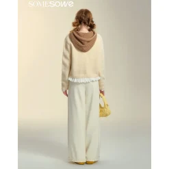 SomeSowe Elastic-Waist Lace Edge Wide-Leg Pants White