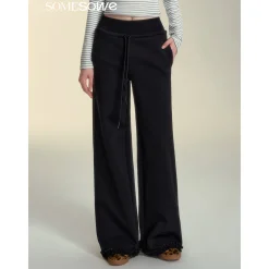 SomeSowe Elastic-Waist Lace Edge Wide-Leg Pants Black