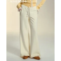SomeSowe Elastic-Waist Lace Edge Wide-Leg Pants White