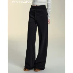 SomeSowe Elastic-Waist Lace Edge Wide-Leg Pants Black