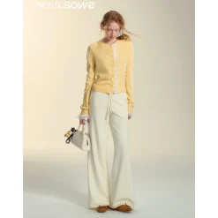 SomeSowe Elastic-Waist Lace Edge Wide-Leg Pants White