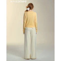 SomeSowe Elastic-Waist Lace Edge Wide-Leg Pants White