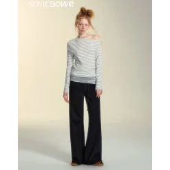 SomeSowe Elastic-Waist Lace Edge Wide-Leg Pants Black