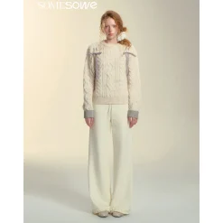 SomeSowe Elastic-Waist Lace Edge Wide-Leg Pants White