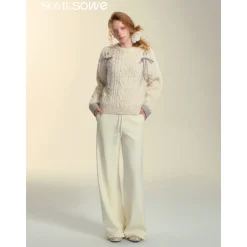 SomeSowe Elastic-Waist Lace Edge Wide-Leg Pants White