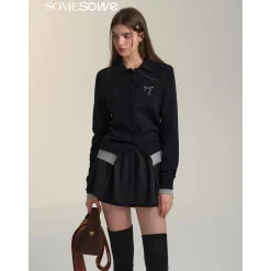 SomeSowe Fake-2-Piece Bow Knit Polo Cardigan Black