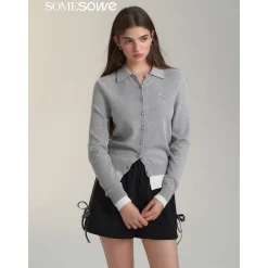 SomeSowe Fake-2-Piece Bow Knit Polo Cardigan Gray
