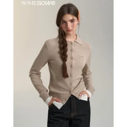 SomeSowe Fake-2-Piece Bow Knit Polo Cardigan Khaki