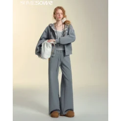 SomeSowe Fleece-Lined Lace Up Casual Pants Gray