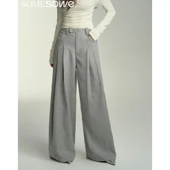 SomeSowe Floral Embossed High-Waisted Wide-Leg Pants Grey