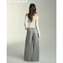 SomeSowe Floral Embossed High-Waisted Wide-Leg Pants Grey