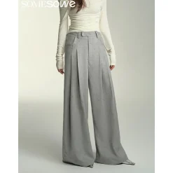 SomeSowe Floral Embossed High-Waisted Wide-Leg Pants Grey
