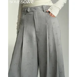 SomeSowe Floral Embossed High-Waisted Wide-Leg Pants Grey