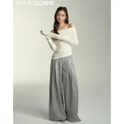 SomeSowe Floral Embossed High-Waisted Wide-Leg Pants Grey