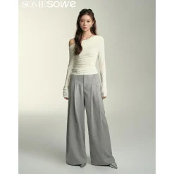 SomeSowe Floral Embossed High-Waisted Wide-Leg Pants Grey