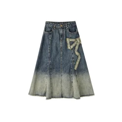SomeSowe Gradient Bow Raw Edge Denim Long Skirt