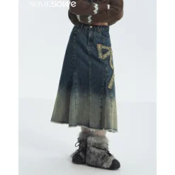 SomeSowe Gradient Bow Raw Edge Denim Long Skirt