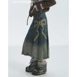 SomeSowe Gradient Bow Raw Edge Denim Long Skirt