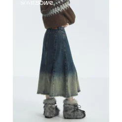 SomeSowe Gradient Bow Raw Edge Denim Long Skirt