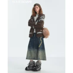 SomeSowe Gradient Bow Raw Edge Denim Long Skirt