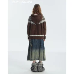 SomeSowe Gradient Bow Raw Edge Denim Long Skirt