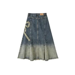 SomeSowe Gradient Bow Raw Edge Denim Long Skirt